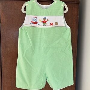 ANAVINI boys hand smocked Green Gingham Pirate Romper
